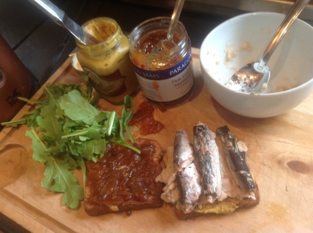 Judy's Loaves and Fishes Sandwich, with Pink Grapefruit Marmalade, sardines, arugula, stone-ground mustard, and mashed white beans with thyme.